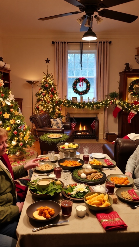 A festive living room with a decorated Christmas tree, potluck dinner setup, and warm holiday ambiance.